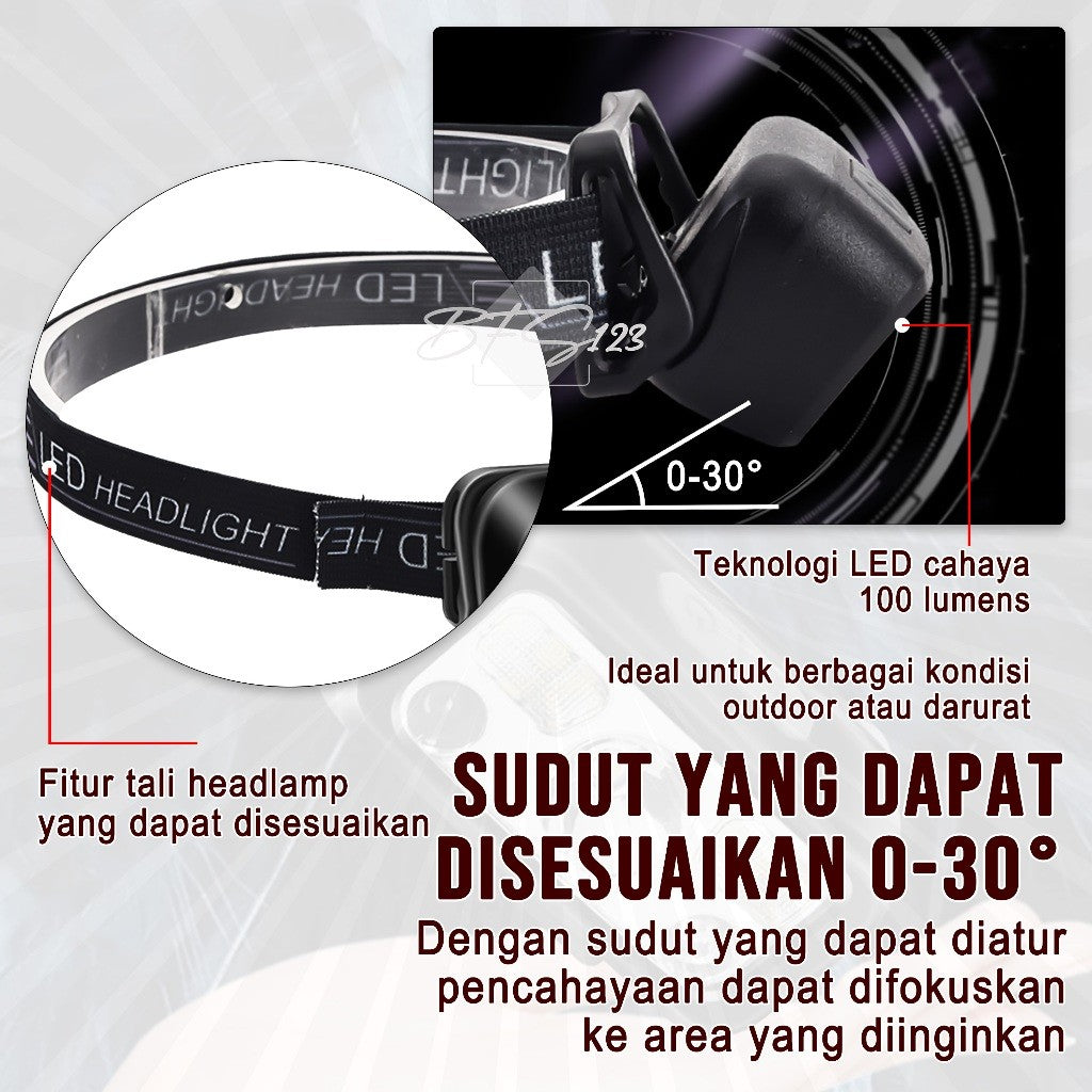 Headlamp Senter Kepala Sensor Gerak 100 Lumens LED USB Type-C Baterai Charge White Light Red Light Auto On Off