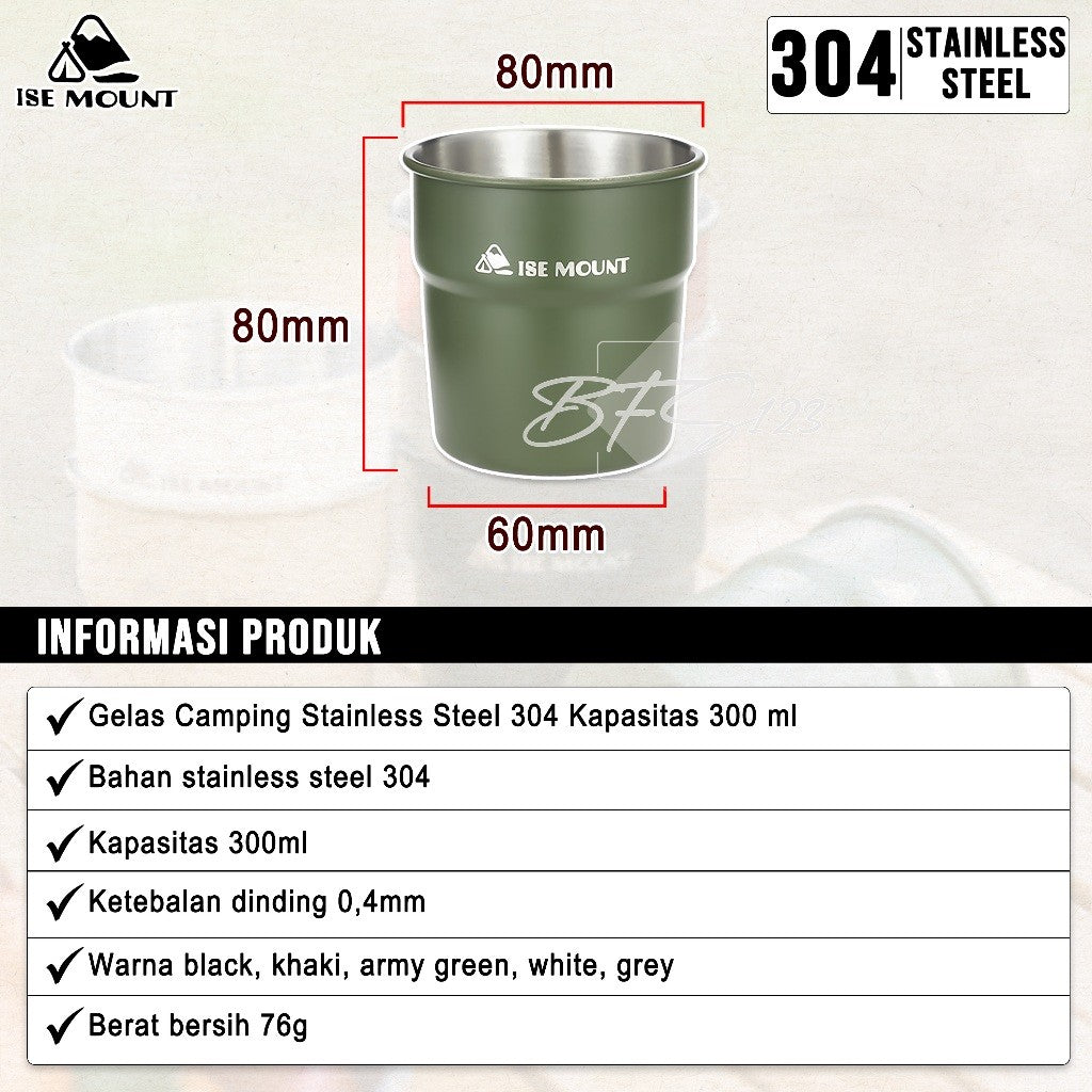 Gelas Camping Stainless Steel 304 Kapasitas 300 ml Gelas Kopi Hiking ISE Mount