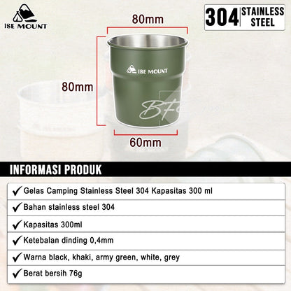 Gelas Camping Stainless Steel 304 Kapasitas 300 ml Gelas Kopi Hiking ISE Mount