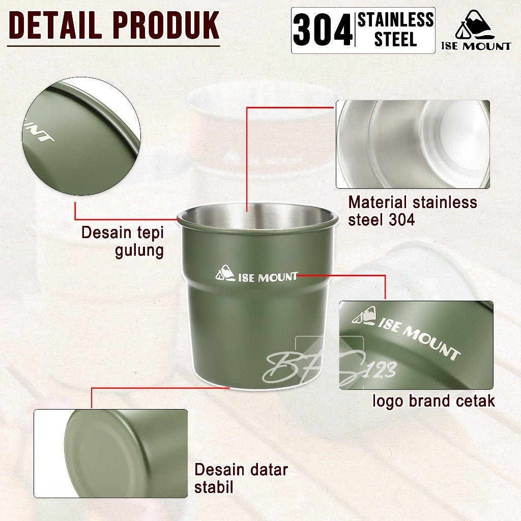 Gelas Camping Stainless Steel 304 Kapasitas 300 ml Gelas Kopi Hiking ISE Mount