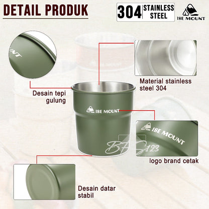 Gelas Camping Stainless Steel 304 Kapasitas 300 ml Gelas Kopi Hiking ISE Mount