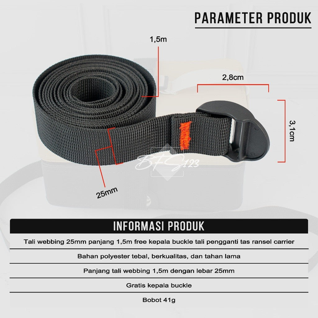 Tali Webbing 25 mm Panjang 1,5 Meter Free Kepala Buckle Tali Pengganti Tas Ransel Carrier