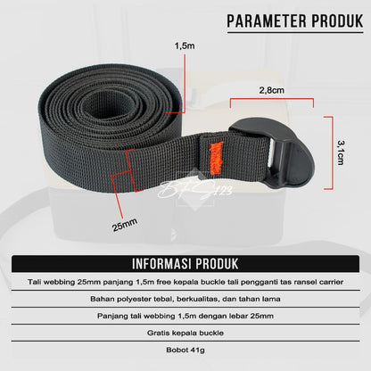 Tali Webbing 25 mm Panjang 1,5 Meter Free Kepala Buckle Tali Pengganti Tas Ransel Carrier