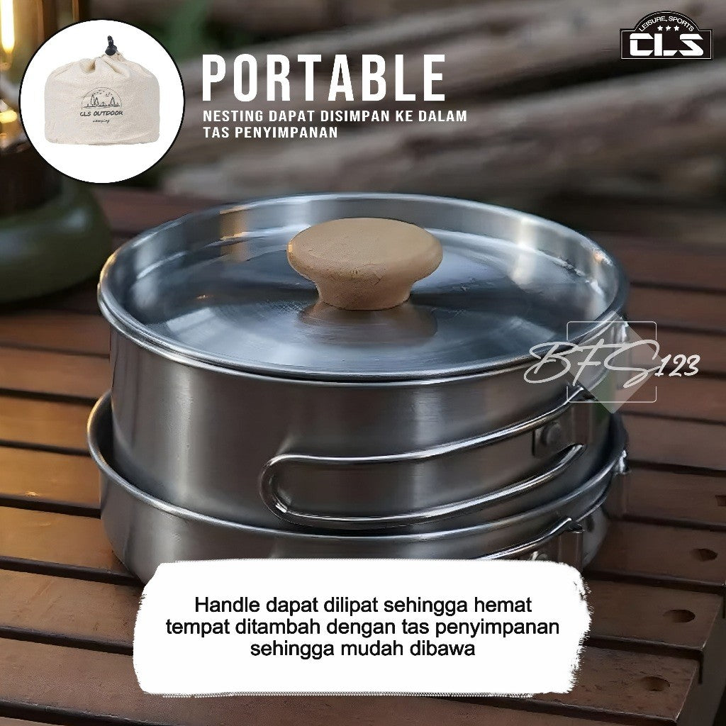 Nesting Cooking Set Peralatan Masak Camping Hiking Panci 1,7 L Fry Pan 0,7 L Plus Storage Mesh Bag Stainless
