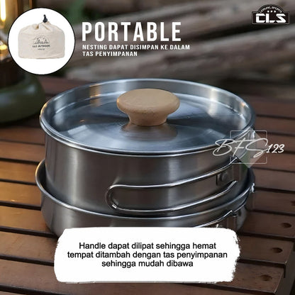 Nesting Cooking Set Peralatan Masak Camping Hiking Panci 1,7 L Fry Pan 0,7 L Plus Storage Mesh Bag Stainless