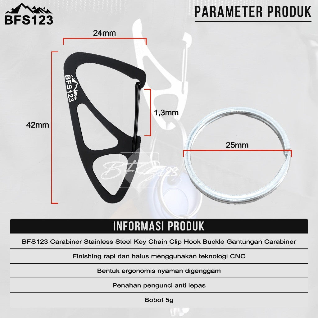BFS123 Carabiner Stainless Steel Key Chain Clip Plus Ring Bulat Hook Buckle Gantungan Carabiner Multifungsi