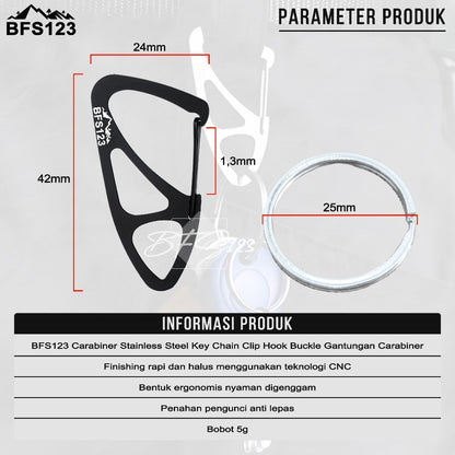 BFS123 Carabiner Stainless Steel Key Chain Clip Plus Ring Bulat Hook Buckle Gantungan Carabiner Multifungsi