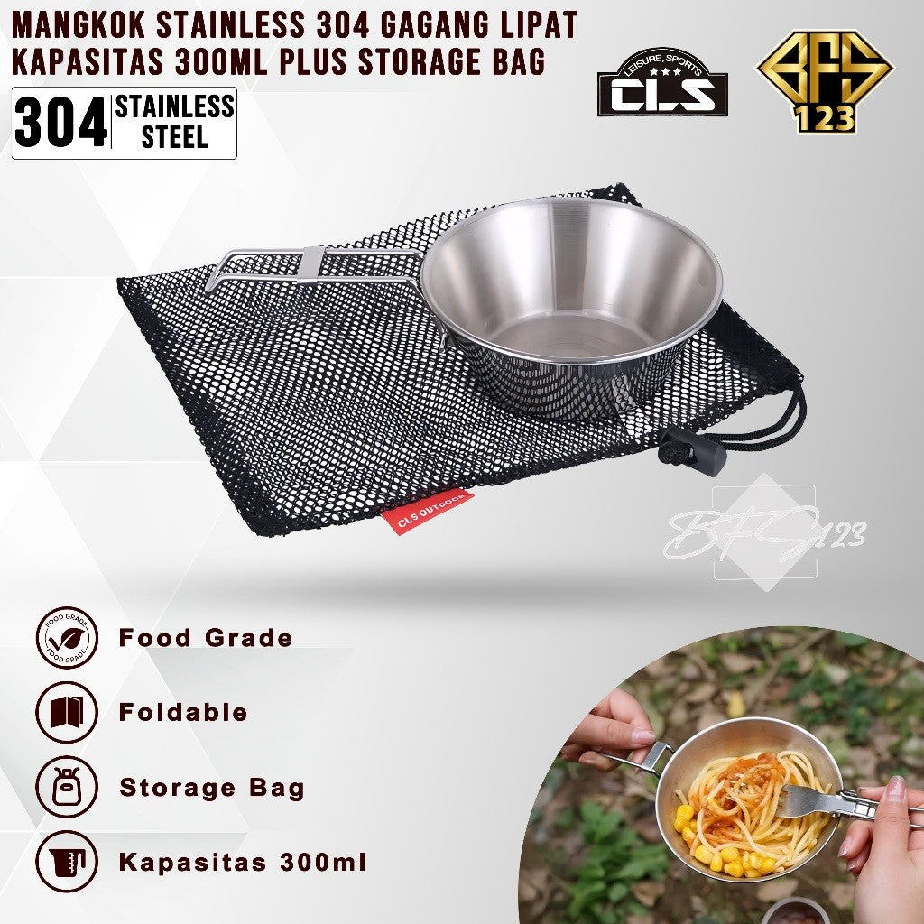 Mangkok Stainless 304 Gagang Lipat Kapasitas 300 ml Camping Outdoor Plus Storage BAG