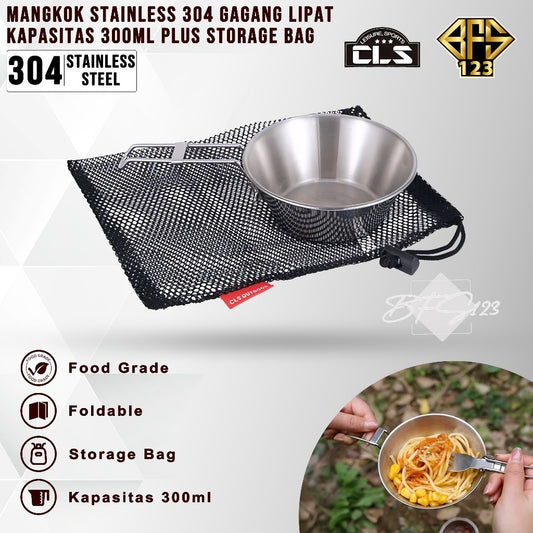 Mangkok Stainless 304 Gagang Lipat Kapasitas 300 ml Camping Outdoor Plus Storage BAG