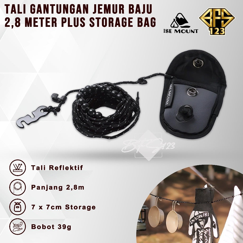 Tali Gantungan Jemur Baju Camping 2,8 Meter Plus Storage BAG ISE Mount