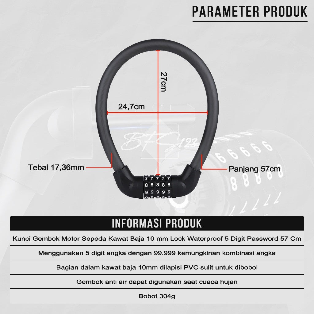 Kunci Gembok Motor Sepeda Kawat Baja 10 mm Lock Waterproof 5 Digit Password 57 Cm