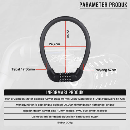 Kunci Gembok Motor Sepeda Kawat Baja 10 mm Lock Waterproof 5 Digit Password 57 Cm
