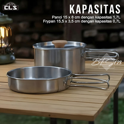 Nesting Cooking Set Peralatan Masak Camping Hiking Panci 1,7 L Fry Pan 0,7 L Plus Storage Mesh Bag Stainless