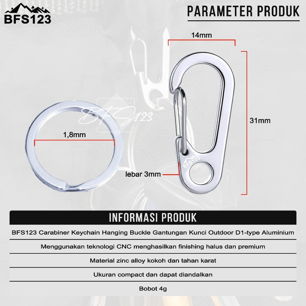 BFS123 Carabiner Keychain D1-typ Plus Ring Bulat Hanging Buckle Gantungan Kunci Outdoor Aluminium Outdoor