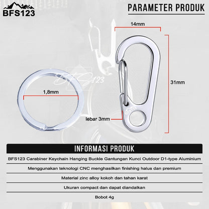 BFS123 Carabiner Keychain D1-typ Plus Ring Bulat Hanging Buckle Gantungan Kunci Outdoor Aluminium Outdoor