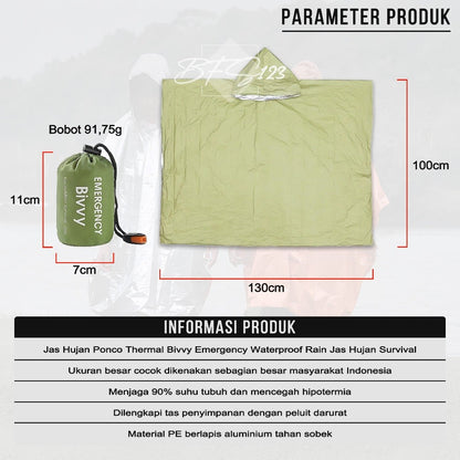 Jas Hujan Ponco Thermal Bivvy Emergency Waterproof Rain Jas Hujan Survival Camping Hiking