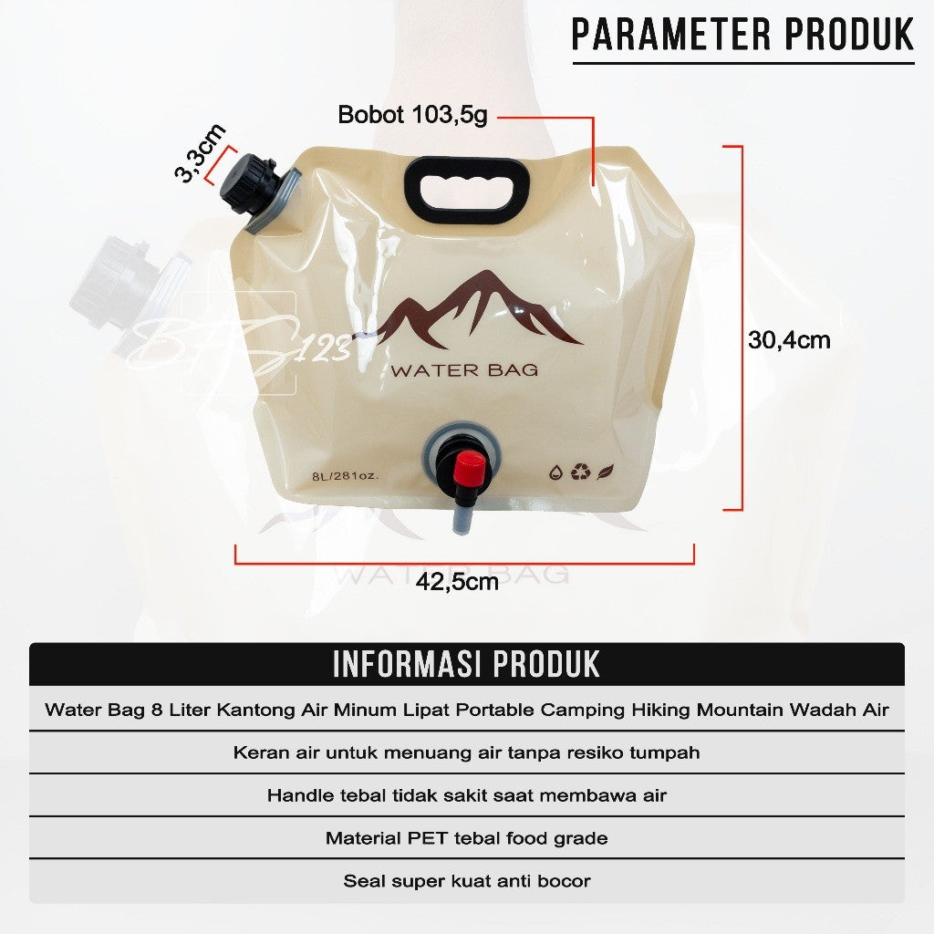 Water Bag 8 Liter Kantong Air Minum Lipat Portable Camping Hiking Wadah Air Outdoor