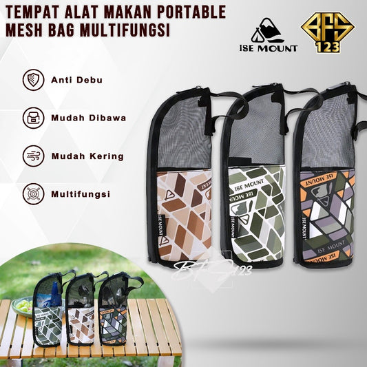 ISE Mount Pouch Camping Cutlery Storage Tempat Sendok Garpu Camping Mesh Bag Portable Multifungsi Outdoor