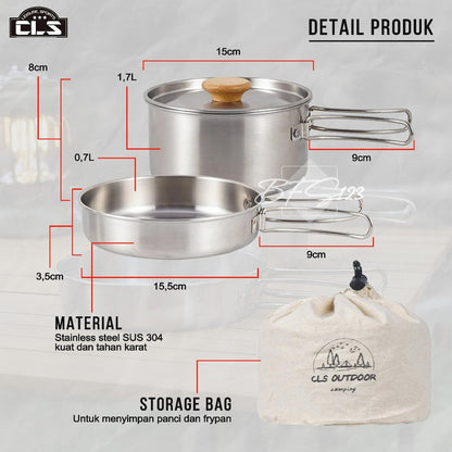 Nesting Cooking Set Peralatan Masak Camping Hiking Panci 1,7 L Fry Pan 0,7 L Plus Storage Mesh Bag Stainless