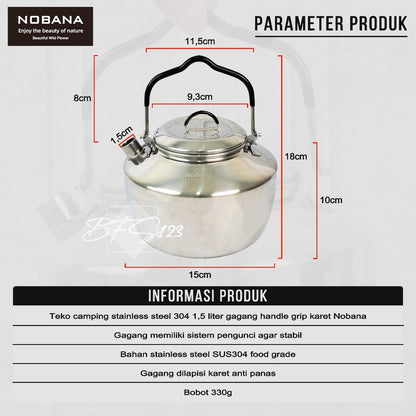 Teko Camping Stainless Steel 304 1,5 Liter Gagang Handle Grip Karet NOBANA