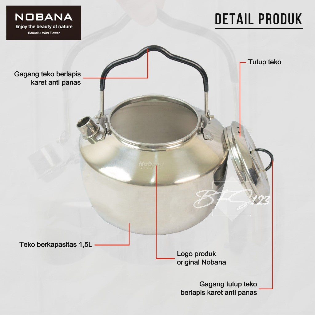 Teko Camping Stainless Steel 304 1,5 Liter Gagang Handle Grip Karet NOBANA
