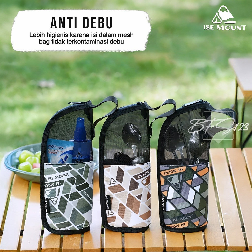 ISE Mount Pouch Camping Cutlery Storage Tempat Sendok Garpu Camping Mesh Bag Portable Multifungsi Outdoor