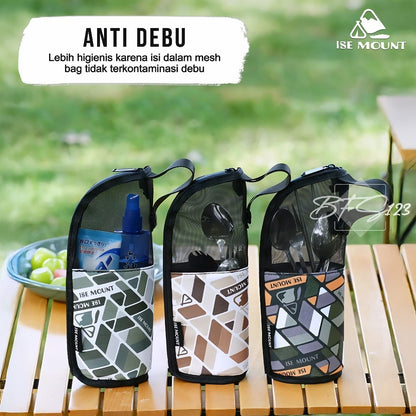 ISE Mount Pouch Camping Cutlery Storage Tempat Sendok Garpu Camping Mesh Bag Portable Multifungsi Outdoor