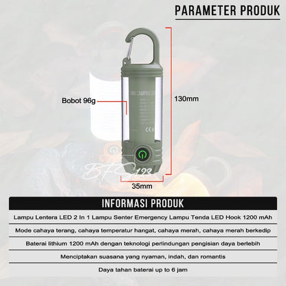 Lampu Lentera Camping LED 2 In 1 6 Mode IPX6 Anti Air Lampu Tenda Senter Baterai Rechargeable 1200 mAh Type-C