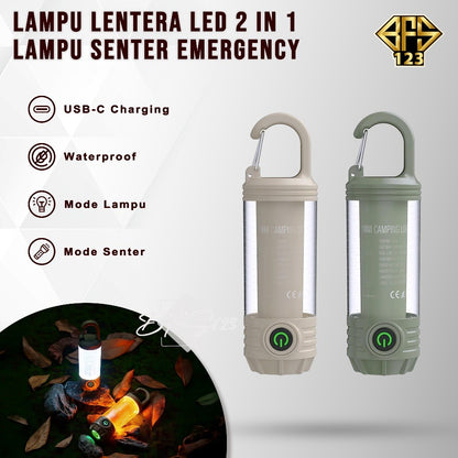 Lampu Lentera Camping LED 2 In 1 6 Mode IPX6 Anti Air Lampu Tenda Senter Baterai Rechargeable 1200 mAh Type-C