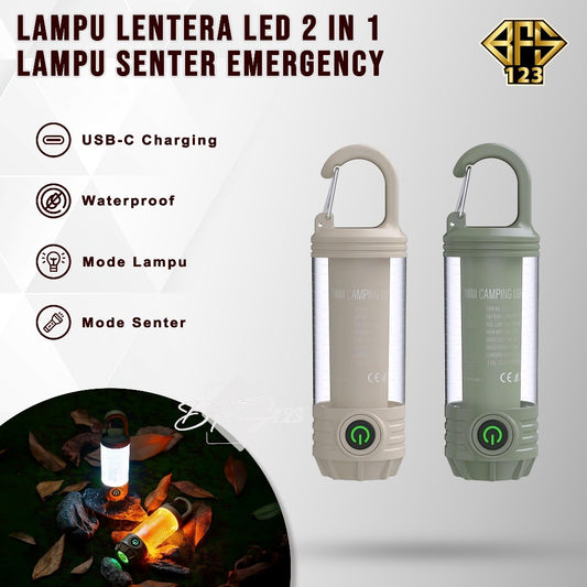 Lampu Lentera Camping LED 2 In 1 6 Mode IPX6 Anti Air Lampu Tenda Senter Baterai Rechargeable 1200 mAh Type-C