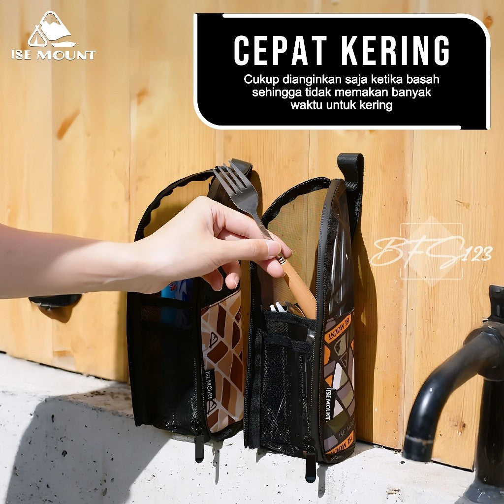 ISE Mount Pouch Camping Cutlery Storage Tempat Sendok Garpu Camping Mesh Bag Portable Multifungsi Outdoor
