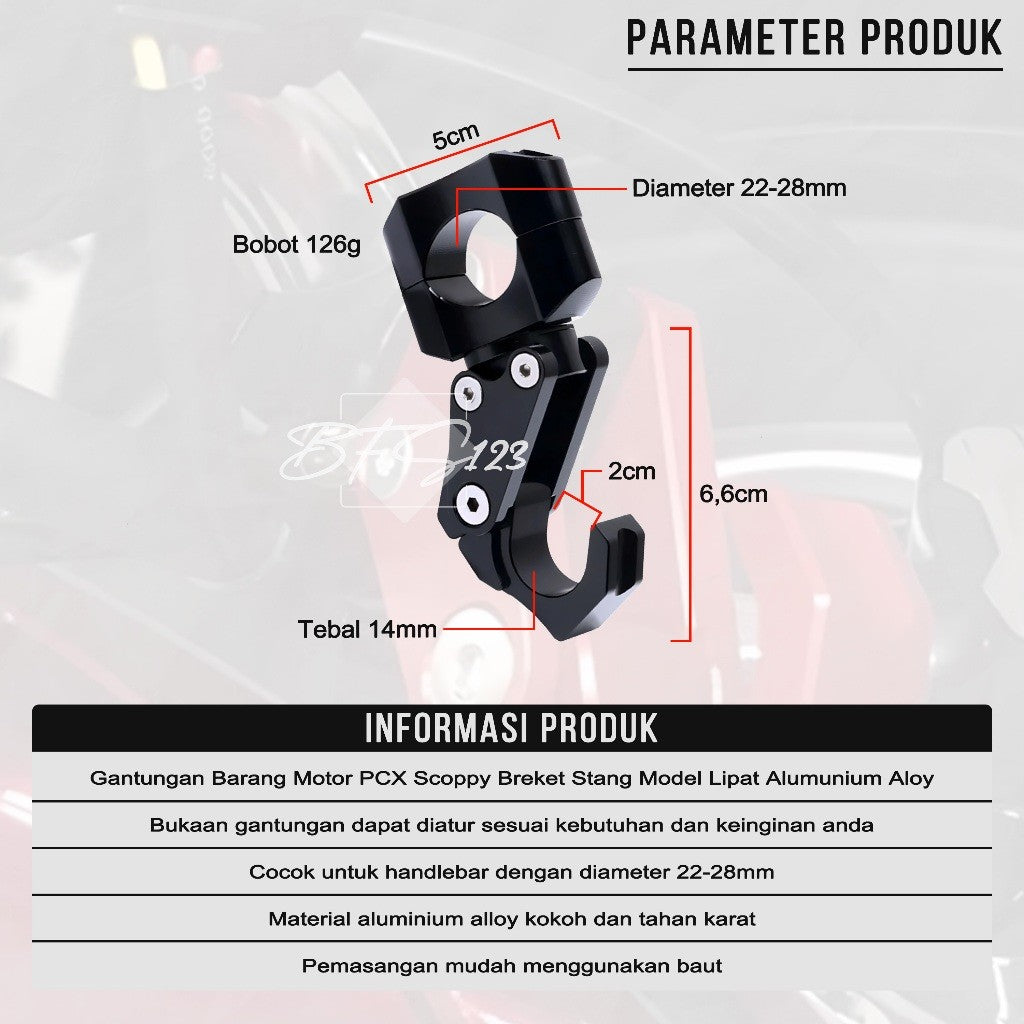 Gantungan Hook Barang Motor Stang PCX Scoopy Model Lipat CNC Alumunium Aloy Cantolan Barang Motor Stang