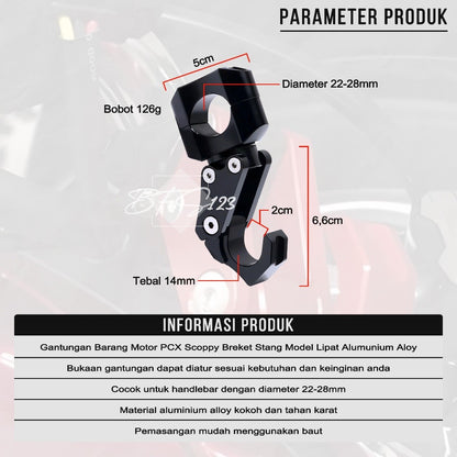Gantungan Hook Barang Motor Stang PCX Scoopy Model Lipat CNC Alumunium Aloy Cantolan Barang Motor Stang