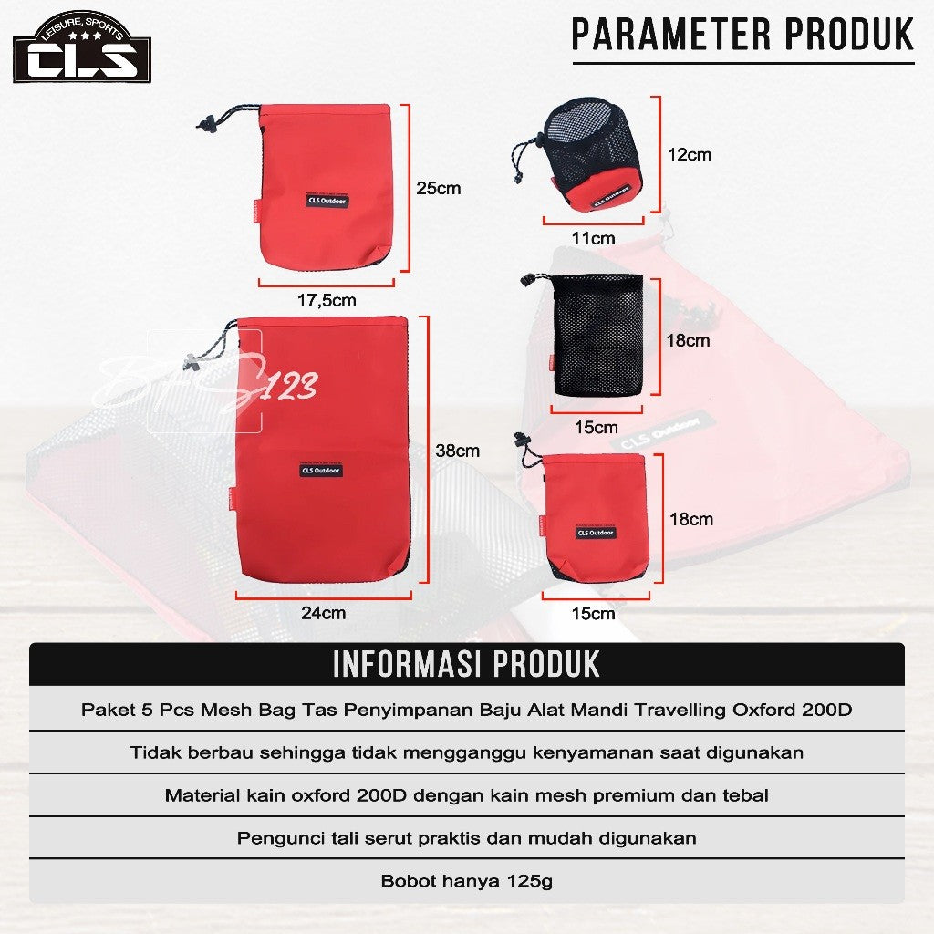 Paket 5 Pcs Mesh Bag Tas Penyimpanan Baju Alat Mandi Travelling Kompor Camping Oxford 200D