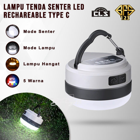 Lampu Tenda Gantung Senter LED IPX4 Waterproof Multicolour Light Rechargeable Type-C 1200 mAh CLS