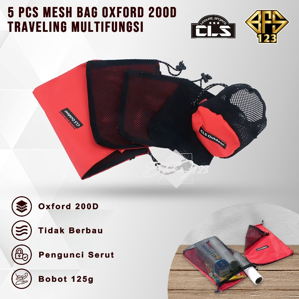 Paket 5 Pcs Mesh Bag Tas Penyimpanan Baju Alat Mandi Travelling Kompor Camping Oxford 200D