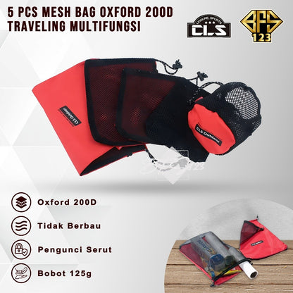 Paket 5 Pcs Mesh Bag Tas Penyimpanan Baju Alat Mandi Travelling Kompor Camping Oxford 200D