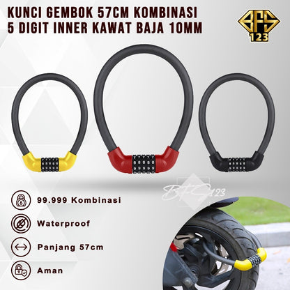 Kunci Gembok Motor Sepeda Kawat Baja 10 mm Lock Waterproof 5 Digit Password 57 Cm
