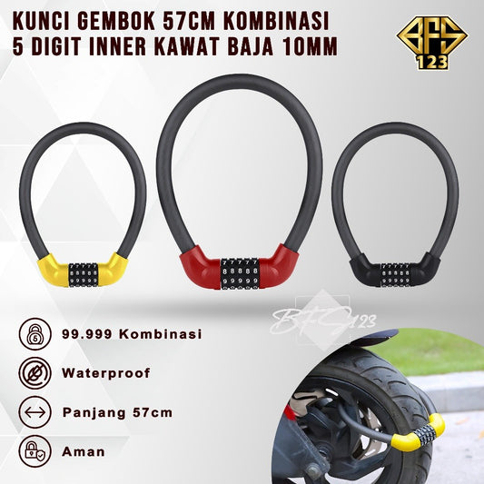 Kunci Gembok Motor Sepeda Kawat Baja 10 mm Lock Waterproof 5 Digit Password 57 Cm