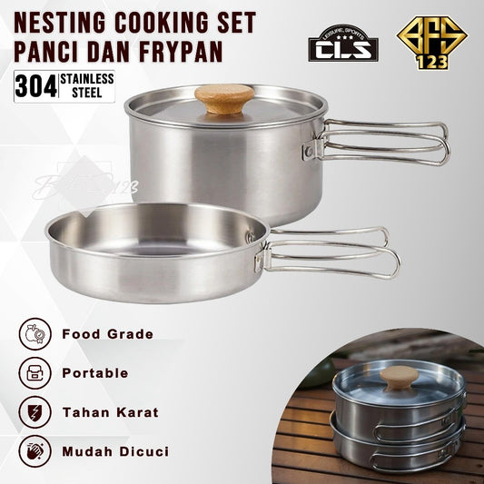 Nesting Cooking Set Peralatan Masak Camping Hiking Panci 1,7 L Fry Pan 0,7 L Plus Storage Mesh Bag Stainless