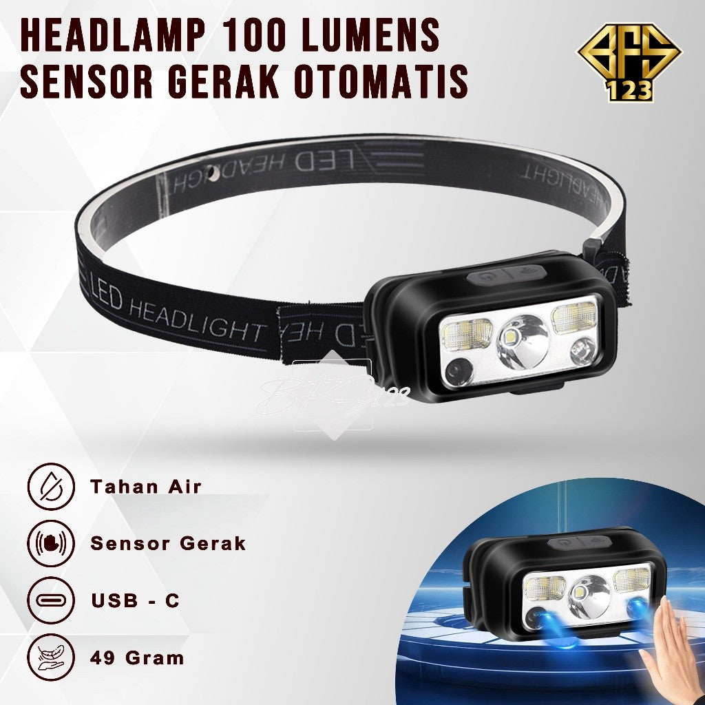 Headlamp Senter Kepala Sensor Gerak 100 Lumens LED USB Type-C Baterai Charge White Light Red Light Auto On Off