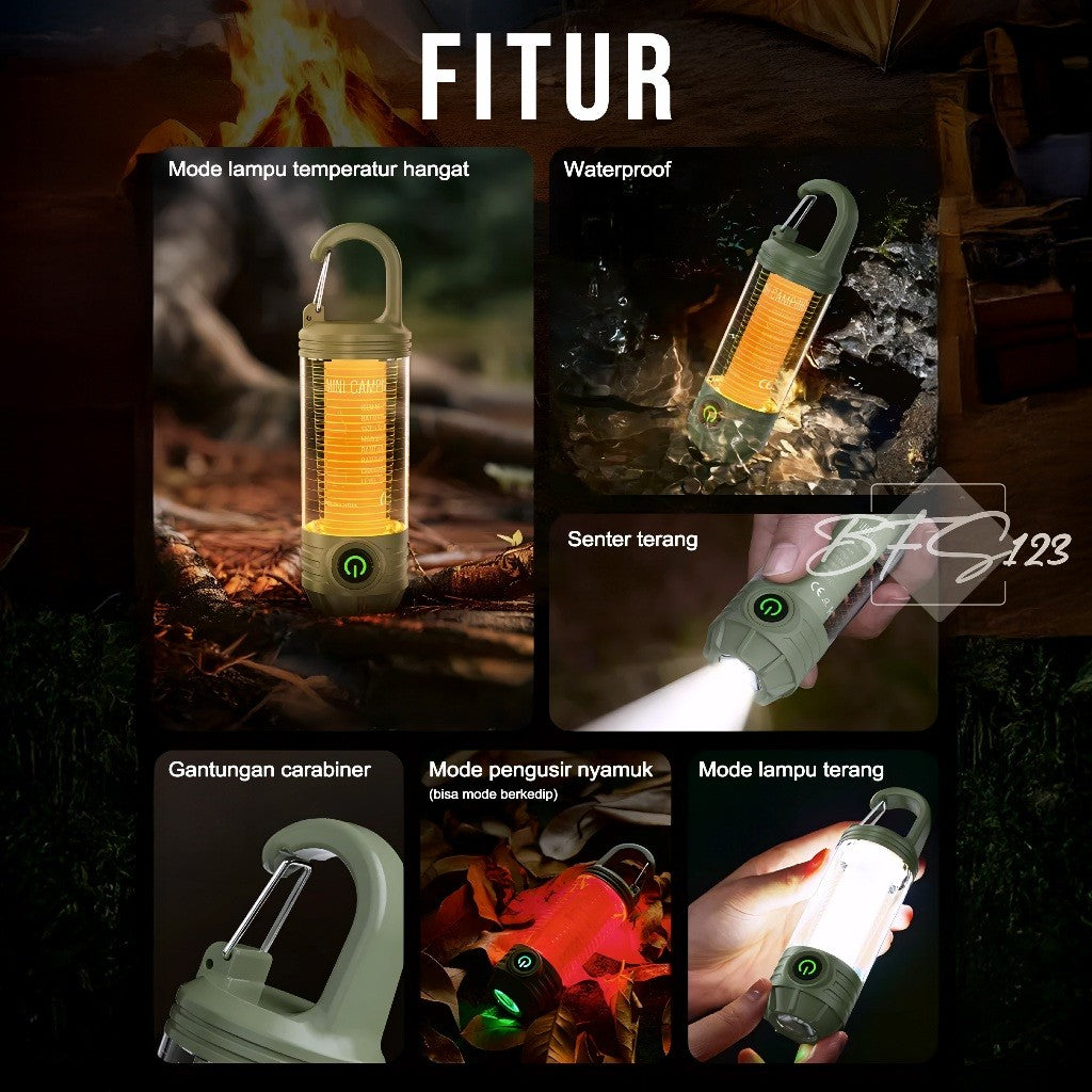 Lampu Lentera Camping LED 2 In 1 6 Mode IPX6 Anti Air Lampu Tenda Senter Baterai Rechargeable 1200 mAh Type-C
