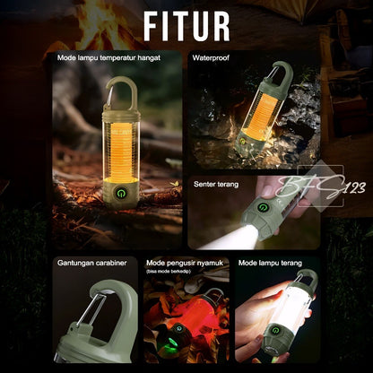 Lampu Lentera Camping LED 2 In 1 6 Mode IPX6 Anti Air Lampu Tenda Senter Baterai Rechargeable 1200 mAh Type-C