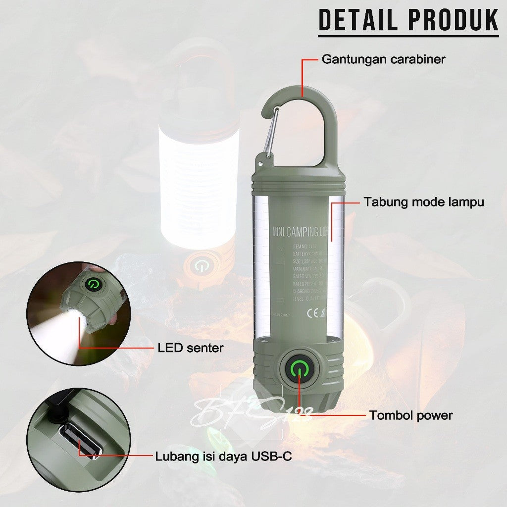 Lampu Lentera Camping LED 2 In 1 6 Mode IPX6 Anti Air Lampu Tenda Senter Baterai Rechargeable 1200 mAh Type-C