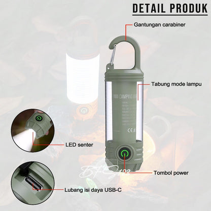 Lampu Lentera Camping LED 2 In 1 6 Mode IPX6 Anti Air Lampu Tenda Senter Baterai Rechargeable 1200 mAh Type-C