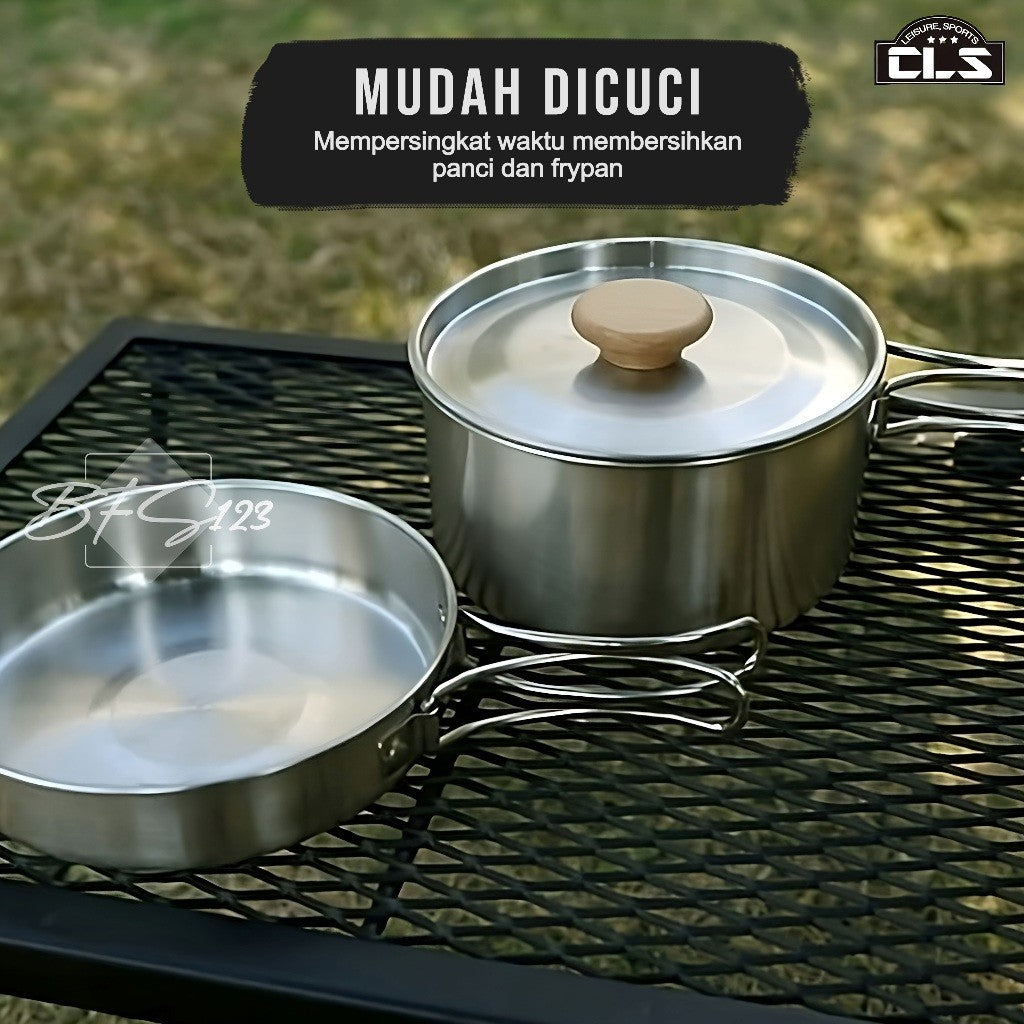 Nesting Cooking Set Peralatan Masak Camping Hiking Panci 1,7 L Fry Pan 0,7 L Plus Storage Mesh Bag Stainless