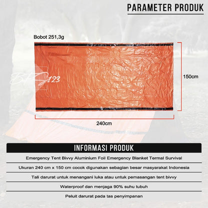 Emergency Tent Bivvy Aluminium Foil 240 cm x 150 cm Emergency Blanket Termal Survival