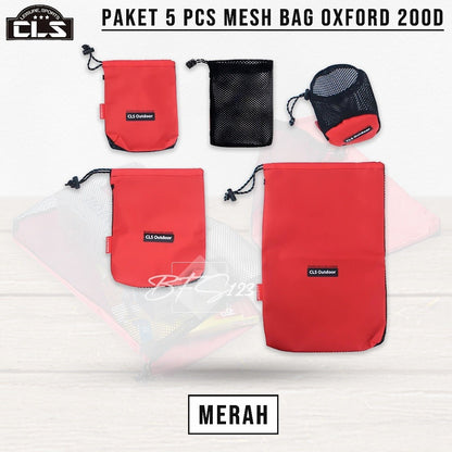 Paket 5 Pcs Mesh Bag Tas Penyimpanan Baju Alat Mandi Travelling Kompor Camping Oxford 200D