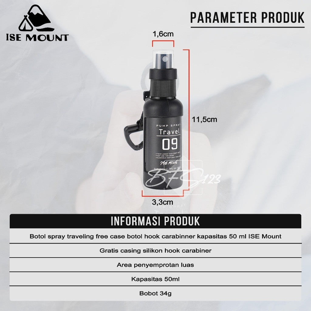 Botol Spray Traveling Free Case Botol Hook Carabinner Kapasitas 50 Ml ISE Mount