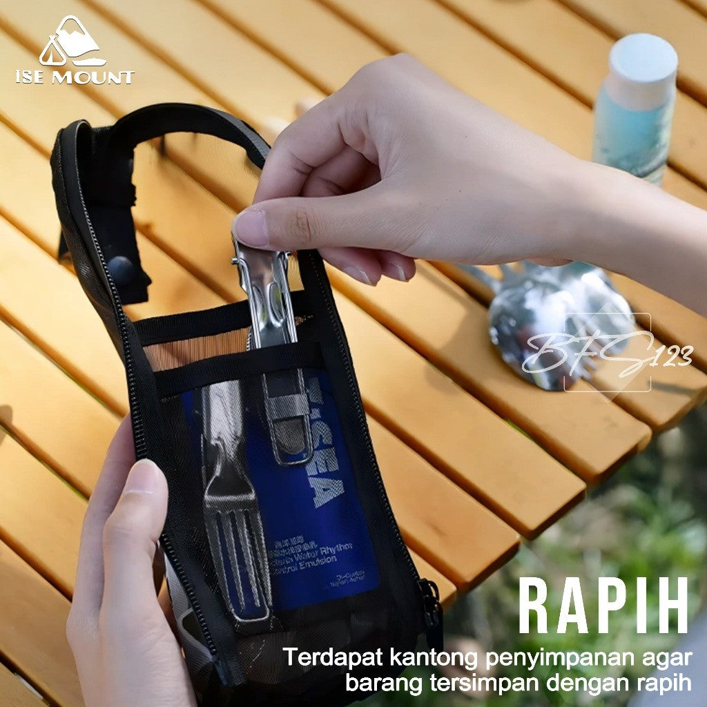 ISE Mount Pouch Camping Cutlery Storage Tempat Sendok Garpu Camping Mesh Bag Portable Multifungsi Outdoor